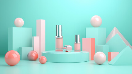 A horizontal cosmetic mockup, centered on a pastel turquoise surface. 