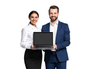 Professional business team holding a laptop. smiling man and woman isolated on a transparent background.