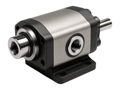 Hydraulic pump with compact housing and visible inlet and outlet ports