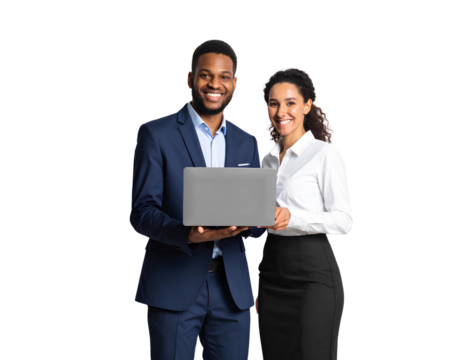 Professional business team holding a laptop. smiling man and woman isolated on a transparent background.