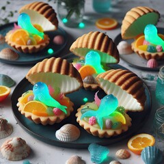 A mermaid’s feast with seashell-shaped pastries filled with bioluminescent fruit