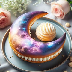 A moon-shaped éclair with a creamy galaxy-like filling