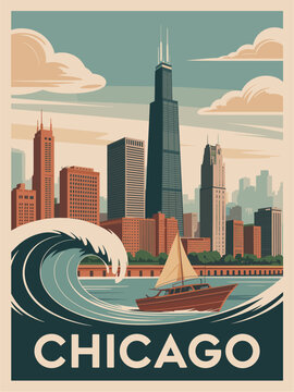 Mid-century modern Chicago travel poster with Willis Tower, Lake Michigan waves, retro sailboat, and pastel sky in vintage earthy tones for a nostalgic cityscape aesthetic.
