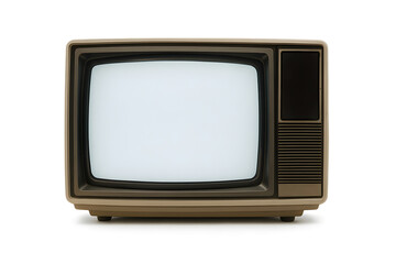Vintage beige CRT television with blank screen, front view, isolated on white background.