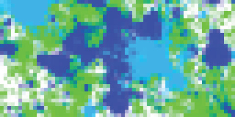 Abstract digital pixelated composition featuring green blue and white colors resembling a landscape or map concept