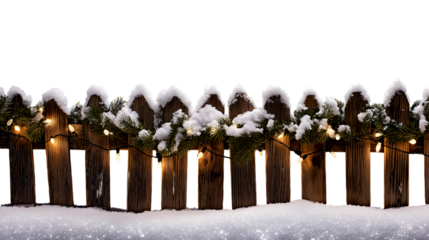 cozy winter scene with a wooden fence covered in snow and adorned with festive lights  isolated on white background