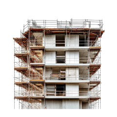 Concrete building under construction scaffolding metal framework urban development, isolated on a transparent background