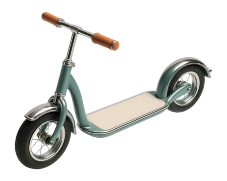 Scooter with a nostalgic design featuring a wide footboard and metal trim