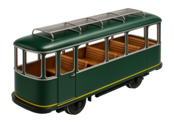 Retro tramcar with wooden bench seats and overhead luggage racks