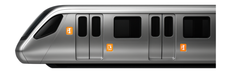 Metro car with visible emergency exit signs and intercom system