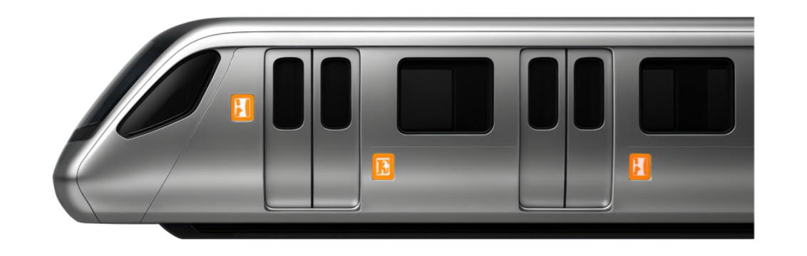 Metro car with visible emergency exit signs and intercom system