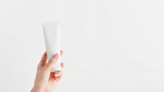 A woman's hand holds a white tube of cream and rotates it in her hand. Natural skin care product for face, hands and body