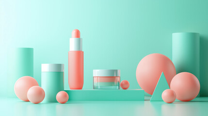 A horizontal cosmetic mockup, centered on a pastel turquoise surface. 