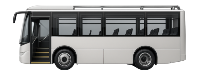 Single-decker airport transfer bus featuring wide entry steps and overhead luggage racks