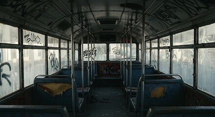 Symmetrical Decay: Haunting Interior of a Graffiti-Covered Abandoned Bus