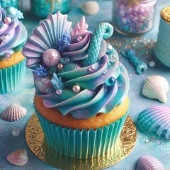 A siren’s enchanted cupcake, shimmering with oceanic hues