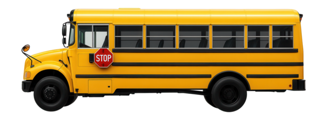 School bus with yellow paint and stop sign arm on driver's side