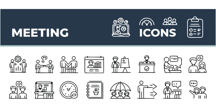 Vector art of meeting icons set featuring presentation, team, discussion, clipboard, group, leader, clock, and other related symbols isolated on white background