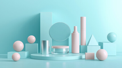 A horizontal cosmetic mockup, centered on a pastel turquoise surface.