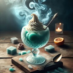 A sorbet served in a frozen crystal goblet with swirling magical mists