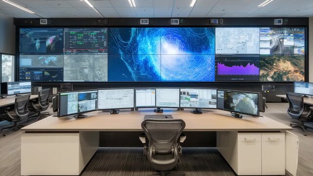 High tech command center showcases multiple screens displaying maps, data, and analytics for efficient situational awareness and decision making