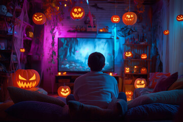 boys sitting on a sofa with a Halloween atmosphere in his house looking at the TV