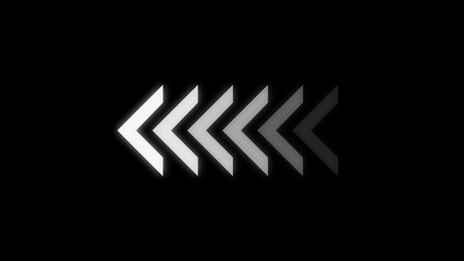 Five chevron arrows pointing left with a gradient of white to grey on black background direction movement