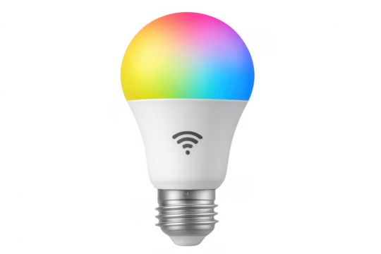 Smart led light bulb showing colorful light and wifi symbol on transparent background