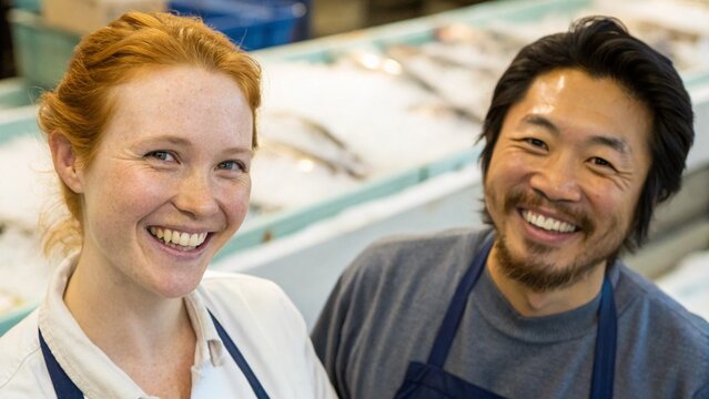 Close Up of Ginger Hair Woman and Asian Man in Fish Market as Boss and Assistant