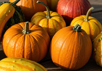 A vibrant assortment of pumpkins in various sizes and colors, showcasing warm oranges, yellows, and a hint of green, arranged on a wooden surface with soft sunlight illuminating them