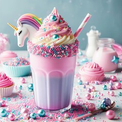 A unicorn milkshake with edible pearl sprinkles