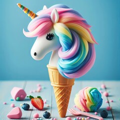 A unicorn-shaped ice cream cone, its rainbow mane made of candy floss
