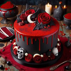A vampire’s crimson red velvet cake with black magic frosting