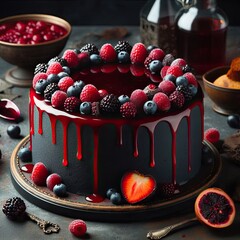 A vampire-inspired dark berry cake with blood-red syrup