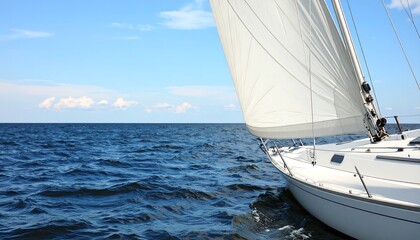 Fototapeta premium A sailboat cuts through the water under a clear sky.