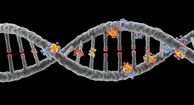Textured DNA Helix with Broken Bonds and Colorful Molecular Clusters