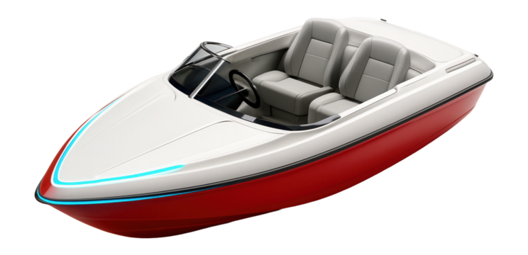 Red and white plastic motorboat with a sleek hull and open deck layout