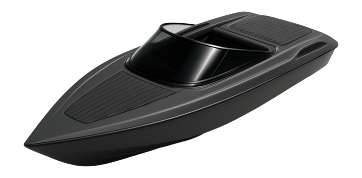 Gray plastic motorboat with a sharp prow and tinted windscreen