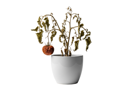 A single, severely withered tomato plant with brittle brown leaves and a shriveled dark reddish-brown tomato in a transparent matte ceramic pot, diffused studio light, concept of natural decay and