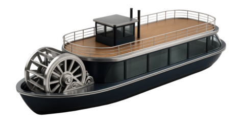 Modern paddlewheel riverboat with decorative side paddles and large viewing windows