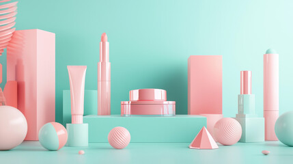 A horizontal cosmetic mockup, centered on a pastel turquoise surface. 