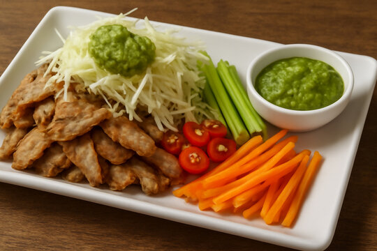 Fried fish cakes served with shredded cabbage, celery, carrots, sliced red chili, and green chili dipping sauce on a white plate