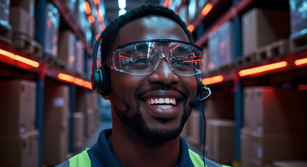Happy black african man in safety vest and headset working in modern warehouse. Logistics warehouse manager supervising inventory distribution