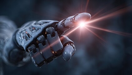 A metallic robotic arm, intricately detailed, extends its index finger towards a bright, radiant point of light against a dark, smoky backdrop