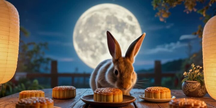 Rabbit enjoying mooncakes under full moon with lanterns in tranquil evening garden
