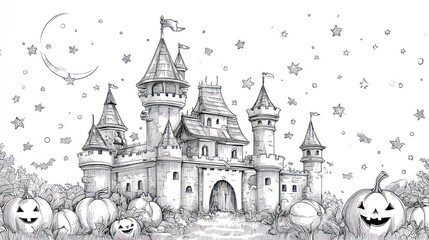 Obraz premium Whimsical, black-and-white illustration of a fairytale castle surrounded by Halloween pumpkins