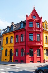 Obraz premium Vibrant Red and Yellow Facade of a Historic Building Corner in a Urban Setting