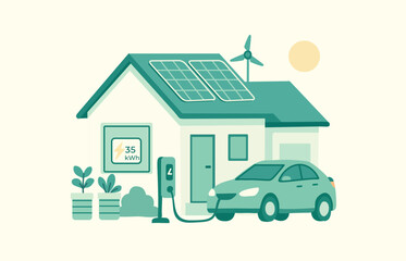 Solar panels house with electric car illustration