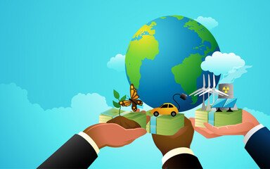 Renewable energy, green and clean technology, climate change awareness, global cooperation, corporate social responsibility, CSR investment cost concepts. Vector illustration