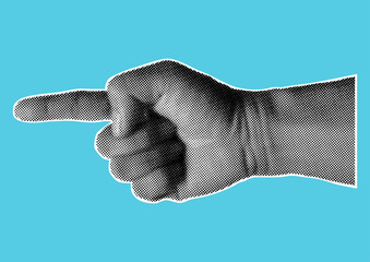 Retro halftone pointing hand gesture on blue background in black and white retro halftone vector.